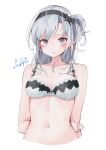  1girl absurdres bangs blush bra breasts cropped_torso eyebrows_visible_through_hair grey_eyes haggy hairband highres kantai_collection long_hair medium_breasts one_side_up silver_hair simple_background solo suzutsuki_(kancolle) twitter_username underwear upper_body white_background white_bra 