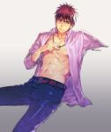  1boy abs belt belt_buckle blue_pants buckle closed_mouth collar collarbone denim expressionless eyebrows invisible_chair jeans kagami_taiga kuroko_no_basuke looking_at_viewer male_focus open_clothes open_shirt pants pectorals pink_shirt red_eyes redhead shirt short_hair sitting solo toned toned_male torisu 