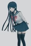  1girl arms_behind_back bangs blue_eyes blue_hair blue_skirt bow closed_mouth dangan_ronpa:_trigger_happy_havoc dangan_ronpa_(series) e_o_(e_o_e_o) feet_out_of_frame flat_color grey_background hair_ornament hairclip highres holding knife leaning_forward long_hair long_sleeves looking_at_viewer maizono_sayaka miniskirt sailor_collar school_uniform serafuku simple_background skirt smile solo standing thigh-highs zettai_ryouiki 