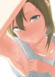  apple_(ygbhjdbiulsg) arm_up armpit_peek armpits backlighting blush brown_hair closed_mouth collarbone green_eyes head_tilt highres idolmaster idolmaster_cinderella_girls lips looking_at_viewer shirt sleeveless sleeveless_shirt steam sweat tada_riina white_background white_shirt 