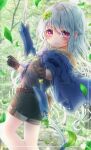  1girl belt black_gloves black_shorts blue_cape blush bow_(weapon) cape clover_hair_ornament earrings gloves grey_hair hair_ornament highres jewelry leaf long_hair looking_at_viewer michiru_donut original outdoors pink_eyes pouch shorts solo weapon 