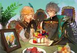  2boys ahoge alhaitham_(genshin_impact) aqua_eyes blonde_hair blue_feathers cake candle closed_eyes closed_mouth family feather_hair_ornament feathers food genshin_impact grey_hair hair_ornament headphones highres jiangmuluo kaveh_(genshin_impact) leaf looking_at_another male_focus multiple_boys picture_frame sitting smile 