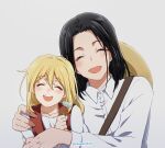  2girls ^_^ ^o^ black_hair blonde_hair blush christa_renz closed_eyes frieda_reiss hat long_hair multiple_girls open_mouth shingeki_no_kyojin shirt siblings simple_background sisters smile white_shirt yeager2333 