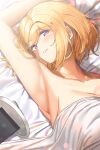  1girl absurdres aki_rosenthal arm_up armpits bangs blonde_hair blush bob_cut breasts collarbone electriccross eyebrows_visible_through_hair hair_ornament highres hololive large_breasts looking_at_viewer lying on_back on_bed parted_bangs short_hair smile solo teeth violet_eyes virtual_youtuber 