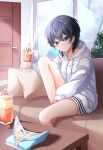 1girl absurdres black_hair blue_eyes blue_sky bottle chips closed_mouth clouds couch cup curtains food highres holding holding_cup hood hoodie indoors long_sleeves looking_at_viewer original pillow plant potato_chips reha_r_h short_hair sitting sky smile solo table white_hoodie window yokoyama_ishimi 