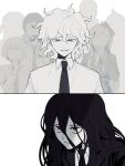  3girls 4boys bangs black_hair black_jacket bong_(0u0bon) closed_eyes closed_mouth dangan_ronpa_(series) dangan_ronpa_2:_goodbye_despair faceless hair_between_eyes highres jacket kamukura_izuru koizumi_mahiru komaeda_nagito long_hair multiple_boys multiple_girls necktie open_mouth owari_akane pekoyama_peko red_eyes sharp_teeth shirt silhouette simple_background sonia_nevermind souda_kazuichi sweat tanaka_gandamu teeth very_long_hair white_background white_hair 