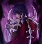  1boy 823/natalia armor aura bangs cape closed_mouth commentary_request gauntlets highres looking_at_viewer looking_back male_focus medium_hair purple_hair ragnarok_online red_cape signature solo thanatos_(ragnarok_online) upper_body violet_eyes 