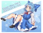  1girl black_footwear blouse blue_dress blue_eyes blue_hair blue_ribbon bow caramelized_tomatoes cirno dress dress_shirt fairy_wings hair_bow highres ice ice_wings long_sleeves pinafore_dress puffy_sleeves red_bow red_ribbon ribbon shirt shoes short_hair socks touhou white_blouse white_legwear white_shirt wing_collar wings 