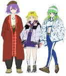  3girls adapted_costume alternate_costume animal_print autumn_leaves baggy_pants beret blonde_hair blue_bra blue_eyes blue_pants bra brown_footwear coat down_jacket fanny_pack frog_print green_hair green_headwear hair_tubes hat headgear highres hood hoodie jacket jichou_senshi kochiya_sanae leaf leather_belt long_hair maple_leaf midriff moriya_suwako multiple_girls navel open_clothes open_jacket pants plaid purple_hoodie red_coat red_ribbon ribbon shoes short_hair sketch sneakers socks sports_bra sweater touhou turtleneck underwear white_bra white_headwear white_jacket white_sweater yasaka_kanako yellow_headwear 