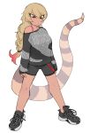  1girl alternate_costume alternate_hairstyle arms_at_sides bangs bare_legs bare_shoulders bike_shorts blonde_hair bra_strap braid closed_eyes closed_mouth dark-skinned_female dark_skin full_body half-closed_eye highres igarashi_(nogiheta) kemono_friends king_cobra_(kemono_friends) legs_apart long_hair long_sleeves multicolored_hair print_sweater redhead shoes simple_background single_braid sleeves_past_wrists snake_tail solo standing sweater tail tsurime two-tone_hair very_long_hair white_background yellow_eyes 