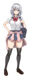  1girl absurdres alternate_costume amagi_(amagi626) bag black_legwear blouse blue_eyes bow bowtie braid brown_footwear clothes_around_waist commentary_request full_body hand_on_hip highres izayoi_sakuya looking_at_viewer loose_bowtie miniskirt pink_sweater pleated_skirt red_neckwear school_uniform shoes short_sleeves shoulder_bag silver_hair skirt solo sweater sweater_around_waist thigh-highs touhou twin_braids white_background white_blouse zettai_ryouiki 