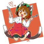  1girl :d animal_ears brown_eyes brown_hair cat_ears cat_tail chen dress fang full_body gold_trim heart highres multiple_tails nekomata open_mouth pmx red_dress short_hair shorts smile solo tail touhou two_tails 