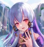  1girl blush cliff dress fire_emblem fire_emblem:_three_houses hair_tassel jewelry leonmandala looking_at_viewer lysithea_von_ordelia necklace open_mouth purple_dress red_eyes smile white_hair 