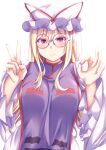  1girl blonde_hair dress frilled_dress frills glasses hat hat_ribbon highres long_hair long_sleeves mirufui mob_cap multi-tied_hair purple_eyelashes red_ribbon ribbon round_eyewear sidelocks tabard touhou trigram violet_eyes white_dress wide_sleeves yakumo_yukari 