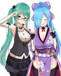  .live 2girls armpits blue_hair blush breasts closed_eyes commentary_request detached_sleeves fingerless_gloves glasses gloves green_eyes green_hair hair_over_one_eye japanese_clothes kagura_suzu_(.live) large_breasts long_hair long_sleeves looking_at_viewer multiple_girls open_mouth sleeveless thigh-highs virtual_youtuber yamato_iori 