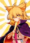  1girl bangs blonde_hair capelet cloak closed_mouth extra_ears eyebrows_visible_through_hair hair_between_eyes hand_on_hip hand_up headphones looking_at_viewer multicolored multicolored_background qqqrinkappp short_hair smile solo touhou toyosatomimi_no_miko traditional_media yellow_eyes 