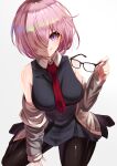 1girl absurdres bangs bare_shoulders black_legwear blouse breasts coat eyewear_removed fate/grand_order fate_(series) glasses hair_over_one_eye highres holding holding_eyewear li_zhu looking_at_viewer mash_kyrielight necktie purple_hair short_hair simple_background sitting skirt smile solo thigh-highs violet_eyes white_background 