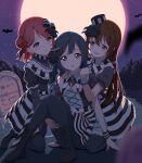  3girls amagi_(volfuji) bangs bat black_hair blue_eyes boots brown_hair commentary_request eyebrows_visible_through_hair full_moon grey_eyes hair_bun hair_ornament hat highres long_hair long_sleeves looking_at_viewer love_live! love_live!_nijigasaki_high_school_idol_club maze_town moon multiple_girls night night_sky orange_hair ousaka_shizuku pantyhose short_hair short_sleeves side_ponytail sidelocks sitting sky star_(sky) starry_sky tombstone uehara_ayumu yellow_eyes yuuki_setsuna_(love_live!) 