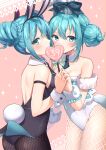  2girls 39 animal_ears bicute_bunnies_miku black_leotard blue_eyes blue_hair bunny_tail double_bun dual_persona fishnets haruyuki_14 hatsune_miku highres leotard looking_at_viewer multiple_girls necktie playboy_bunny rabbit_ears tail vocaloid white_leotard wrist_cuffs 