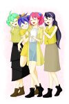 4girls ^_^ ahoge bracelet_girls green_hair happy harurei high_ponytail hiiragi_yuzu kurosaki_ruri long_hair multicolored_hair open_mouth pink_hair ponytail purple_hair rin_(yuu-gi-ou_arc-v) serena_(yuu-gi-ou_arc-v) short_twintails smile yellow_bow yellow_shirt yuu-gi-ou yuu-gi-ou_arc-v 