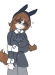  1girl braid brown_hair butler butlergirl embarrassed fake_animal_ears fake_animal_tail grey_eyes looking_away rabbit_ears shy suitgirl sweatdrop tomboy white_background 