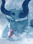  1boy 1girl beard blue_skin child colored_skin demon_horns face facial_hair fang fence forked_eyebrows giant giant_male hat highres horns hug kimidori_(dera_kimidori) mature_male monster_boy oni oni_horns original pointy_ears santa_costume santa_hat short_hair size_difference snow snowing thick_eyebrows 