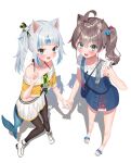  2girls :d ahoge animal_ear_fluff animal_ears bangs bare_shoulders black_camisole blue_eyes blue_hair blue_nails blue_skirt blue_vest blush boots brown_footwear brown_hair brown_legwear camisole cat_ears cat_hair_ornament collarbone cosplay costume_switch eyebrows_visible_through_hair fish_tail gawr_gura gawr_gura_(cosplay) green_eyes hair_between_eyes hair_cubes hair_ornament hand_up high_heel_boots high_heels highres holding_hands hololive hololive_english jacket k_mugura multicolored_hair multiple_girls nail_polish natsuiro_matsuri natsuiro_matsuri_(cosplay) off-shoulder_jacket open_mouth pantyhose pleated_skirt sandals shadow shark_tail sharp_teeth shirt short_sleeves side_ponytail silver_hair skirt skirt_set sleeveless sleeveless_shirt smile streaked_hair tail teeth toenail_polish v vest virtual_youtuber white_background white_footwear white_shirt white_skirt yellow_jacket 