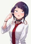  1girl absurdres black_eyes black_hair boku_no_hero_academia bracelet earplugs grey_background highres jack_plug jewelry jirou_kyouka long_hair necktie open_mouth red_neckwear shirt short_hair simple_background solo sooon teeth upper_body upper_teeth white_shirt 