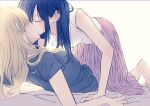  2girls aihara_mei aihara_yuzu all_fours arm_support barefoot bed_sheet black_hair black_shirt blonde_hair breasts casual citrus_(saburouta) closed_eyes commentary couple girl_on_top glidesloe hair_behind_ear highres incest jewelry kiss kiss_day long_hair long_skirt lying multiple_girls on_back pink_skirt ring sheet_grab shirt short_sleeves skirt small_breasts step-siblings t-shirt toes white_shirt wife_and_wife yuri 