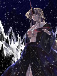  1girl alternate_color alternate_costume bangs bare_shoulders blonde_hair blurry breasts collarbone cup depth_of_field eyebrows_visible_through_hair fingernails grin highres horns hoshiguma_yuugi japanese_clothes kimono large_breasts leaf_print long_fingernails long_hair long_sleeves mountain mountainous_horizon night night_sky obi off_shoulder open_clothes open_kimono parted_bangs pointy_ears purple_kimono purple_sash red_horns red_nails sakazuki sarashi sash sharp_fingernails shiny shiny_clothes shiny_hair shiny_skin sidelocks single_horn sky smile snow solo standing star_(symbol) star_print sunyup thighs touhou very_long_hair wide_sleeves wind 