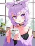  1girl ahoge animal_ears blurry blurry_background cat_ears coffee_mug cup fang hairband hololive mug nekomata_okayu plant potted_plant purple_hair tagosaku_(tatsukiuma0329) violet_eyes 