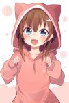  1girl :d absurdres animal_ears animal_hood bangs blue_eyes blush brown_hair cat_ears cat_hood commentary_request eyebrows_visible_through_hair fake_animal_ears fang hair_between_eyes hands_up heart highres hololive hood hood_up hoodie long_sleeves looking_at_viewer natsuiro_matsuri okota_mikan open_mouth pink_hoodie puffy_long_sleeves puffy_sleeves sleeves_past_wrists smile solo virtual_youtuber white_background 