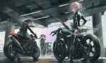  3girls background_text bangs black_footwear black_gloves black_legwear black_shirt black_skirt blue_eyes bow_(weapon) brown_hair closed_mouth commentary eyebrows_visible_through_hair gloves grey_hair ground_vehicle holding holding_bow_(weapon) holding_weapon license_plate long_hair motor_vehicle motorcycle multiple_girls original pantyhose pleated_skirt ponytail profile shirt shoes skirt smile standing swav twintails weapon weapon_on_back weapon_request 