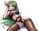  1girl black_bra black_panties bra breasts brown_legwear cowboy_shot gingrjoke green_hair highres kid_icarus large_breasts long_hair navel palutena panties parted_lips simple_background smile solo thigh-highs underwear underwear_only white_background 