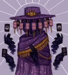  1other blaseball card colored_skin covered_face gold_trim hands hat_ornament highres purple_background purple_headwear purple_robe purple_skin seascraperr simple_background tarot the_reader_(blaseball) 