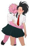  2girls ashido_mina black_eyes black_hair black_legwear black_sclera black_skirt blush boku_no_hero_academia breasts closed_eyes colored_sclera colored_skin commentary cropped_legs facing_another grin hair_pulled_back highres horns hug kneehighs large_breasts long_hair multiple_girls necktie open_mouth pink_hair pink_skin pleated_skirt ponytail purple_skin red_neckwear riffraffhellyea school_uniform shirt shirt_tucked_in short_hair short_sleeves simple_background skirt smile teeth u.a._school_uniform white_background white_shirt yaoyorozu_momo yellow_eyes yuri 