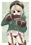  1girl aiguillette araga_kiwi bangs black_eyes black_panties blonde_hair boots camouflage_background coat cowboy_shot double_bun empty_eyes eyebrows_visible_through_hair garter_straps green_coat green_headwear hat long_sleeves mahou_shoujo_ni_akogarete makuraha medal military_coat military_hat mole mole_under_eye no_pants open_mouth panties sleeve_cuffs sleeves_past_fingers sleeves_past_wrists solo standing thigh-highs thigh_boots underwear 