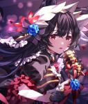  1girl animal_ears bangs black_dress black_gloves black_hair blue_flower blue_rose blurry bokeh breasts depth_of_field dress erune flower frilled_shirt_collar frills from_side glint gloves granblue_fantasy half_gloves holding holding_microphone long_hair looking_at_viewer looking_to_the_side medium_breasts microphone nier_(granblue_fantasy) open_mouth petals puffy_sleeves raised_eyebrows red_eyes rose solo upper_body yoake 