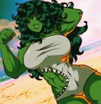  1girl arms_up beach biceps blue_sky clouds cloudy_sky colored_skin cowboy_shot green_hair green_skin grey_swimsuit half-closed_eyes highres ishmi long_hair marvel muscular muscular_female navel one-piece_swimsuit outdoors parted_lips sharkini she-hulk signature sky smile solo swimsuit 