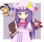  3girls :d bat_wings black_dress blush_stickers book broom broom_riding chibi crescent crescent_hat_ornament crys_(dai) dress fang hat hat_ornament head_wings holding holding_book kirisame_marisa koakuma mob_cap multiple_girls open_mouth patchouli_knowledge purple_background simple_background skin_fang smile touhou wings witch_hat 