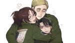  1girl 2boys ^_^ ^o^ black_hair blonde_hair brown_hair closed_eyes closed_mouth erwin_smith friends glasses hange_zoe hug levi_(shingeki_no_kyojin) multiple_boys pi0w0pi ponytail shingeki_no_kyojin short_hair simple_background smile white_background 