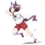  1girl animal_ears bangs bob_cut bow brown_hair commentary_request ear_bow grimace gym_shirt gym_shorts hachimaki headband horse_ears horse_girl horse_tail looking_to_the_side number purple_bow red_footwear running shirt shoes short_hair short_sleeves shorts simple_background single_horizontal_stripe sneakers socks solo special_week_(umamusume) tail tonpuu umamusume violet_eyes white_background white_hair white_headband white_legwear white_shirt 
