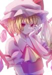  1girl ascot backlighting blonde_hair bloom crystal expressionless flandre_scarlet hand_on_own_cheek hand_on_own_face hat highres karamaru626 looking_at_viewer mob_cap one_side_up red_vest short_hair simple_background solo touhou vest white_background wings yellow_neckwear 