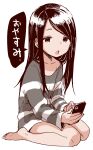  1girl bangs barefoot black_hair cellphone full_body grey_eyes highres holding holding_phone long_hair long_sleeves looking_at_viewer open_mouth original phone shirt simple_background sitting solo striped striped_shirt swept_bangs translated wariza white_background yamamoto_souichirou 