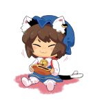  1girl alternate_color animal_ears bell blue_dress bow bowtie brown_hair cat_ears cat_tail chen chibi closed_eyes dress eating food full_body hat highres holding holding_food jingle_bell mob_cap multiple_tails nekomata pmx short_hair sitting solo tail touhou two_tails v-shaped_eyebrows 