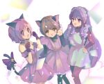  3girls absurdres animal_ears bell brown_hair cardcaptor_sakura cat_ears cat_girl chinese_clothes dress fang fang_out green_eyes highres jingle_bell kinomoto_sakura maid mew_ichigo momomiya_ichigo multiple_girls nakama_damon neck_bell paw_pose pink_dress pink_eyes pink_hair ranma_1/2 ribbon shampoo_(ranma_1/2) tail tail_ornament tail_raised tail_ribbon tokyo_mew_mew 