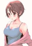  1girl absurdres breasts brown_eyes brown_hair camisole collarbone hair_between_eyes highres idolmaster idolmaster_cinderella_girls large_breasts nikumaru off_shoulder oikawa_shizuku short_hair solo sweat upper_body 