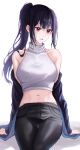  1girl absurdres bangs bare_shoulders black_legwear denim eyebrows_visible_through_hair ffflilil highres jeans looking_away navel original pants ponytail red_eyes simple_background sitting sleeveless sleeveless_turtleneck solo symbol_commentary thigh_gap turtleneck white_background 