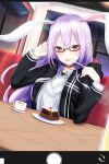  1girl :p animal_ears bespectacled black_jacket blush breasts cake cup dutch_angle food fork framed glasses highres holding holding_fork indoors jacket large_breasts long_hair looking_at_viewer night phone_screen purple_hair rabbit_ears red_eyes reisen_udongein_inaba solo tongue tongue_out touhou very_long_hair window xialuluo_(sharuro) 