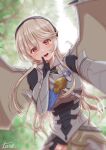  1girl absurdres armor artist_name artist_request bangs blurry blush breasts commentary_request corrin_(fire_emblem) corrin_(fire_emblem)_(female) day dragon_wings eyebrows_visible_through_hair finger_to_mouth fire_emblem fire_emblem_fates gloves hair_ornament hairband highres index_finger_raised lips long_hair long_sleeves looking_at_viewer medium_breasts open_mouth outdoors pointy_ears red_eyes shiny shiny_hair shushing signature silver_hair simple_background smile solo tree_branch wings 